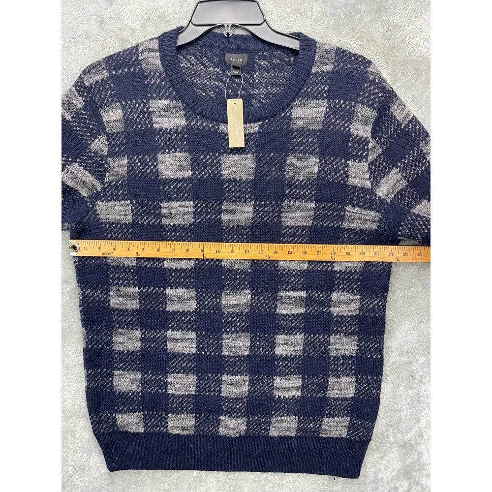 NWT J Crew‎ Men's Sweater Sz L Blue Gray Check Linen Wool Alpaca Long Sleeve